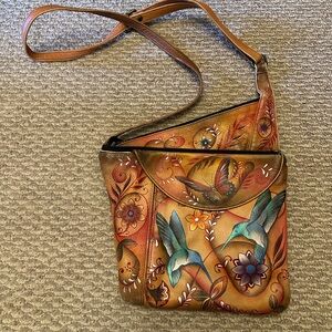Anuschka Tan Multi Hand-Painted Hummingbird & Floral Crossbody